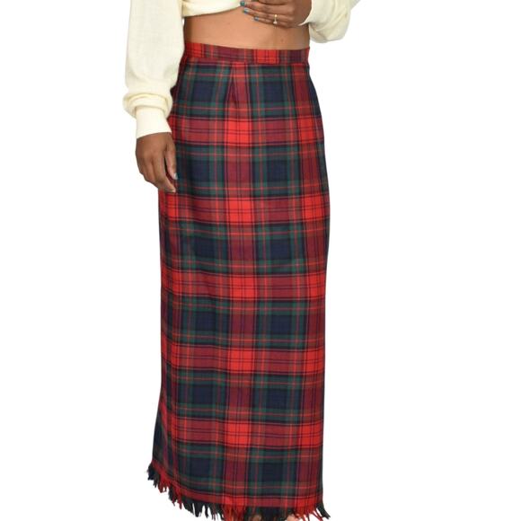 Vintage Rafaella Sport Tartan Maxi Skirt Red Plaid Check Fringe Slit Wool Long 8 - Picture 8 of 13